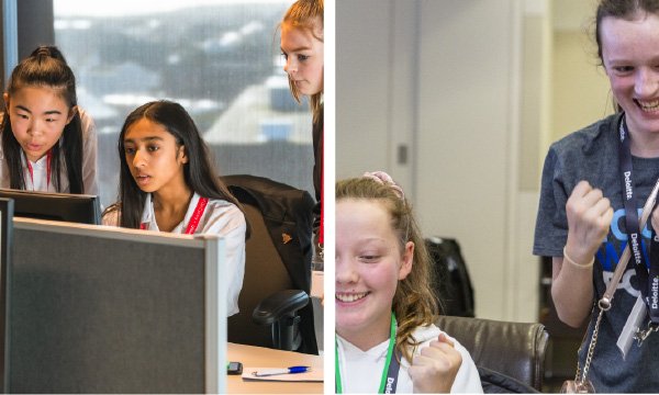 Two photos of young girls taking part in the CyberFirst Gilrs competition.