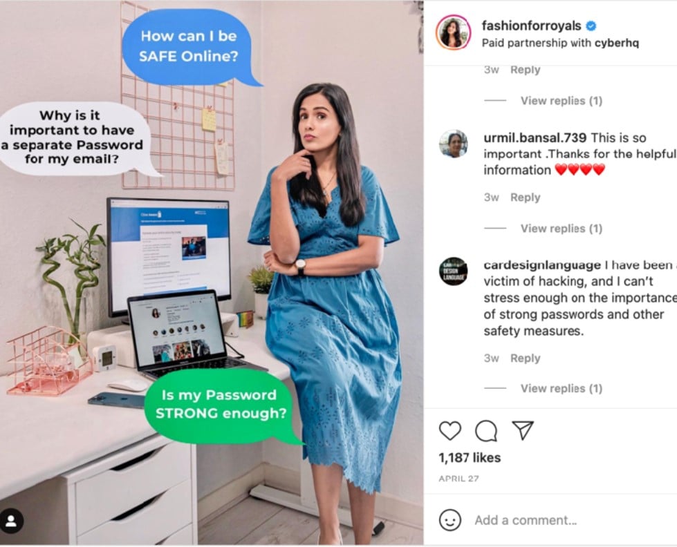 A screenshot of an influencers Instagram feed showing a partnership with cyberhq
