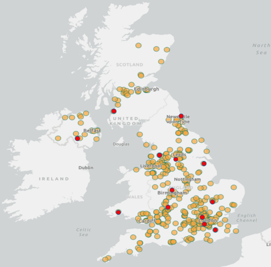 Map of schools participating in CyberFirst Girls Competition. Winning teams are marked by a red dot.