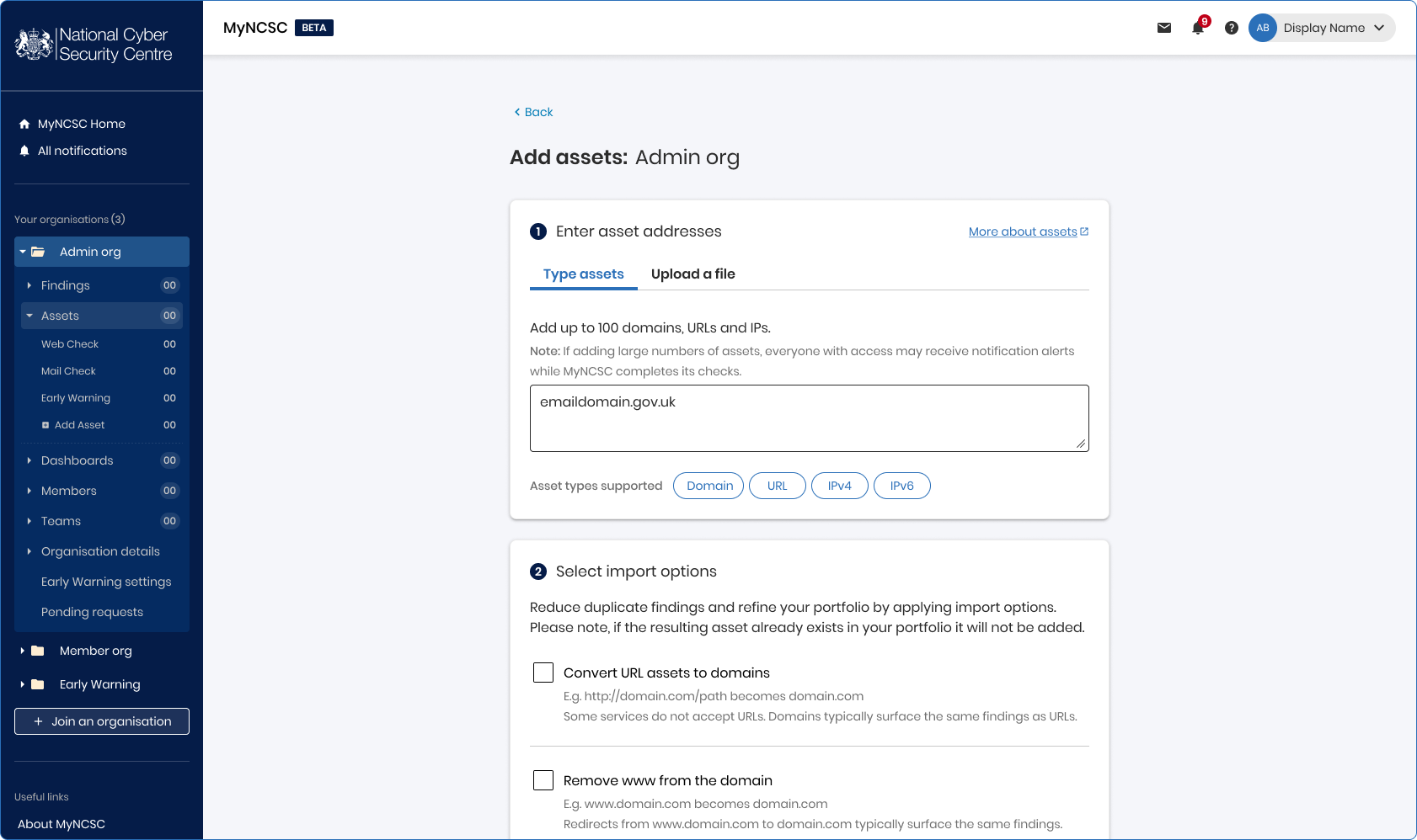 Add asset screen