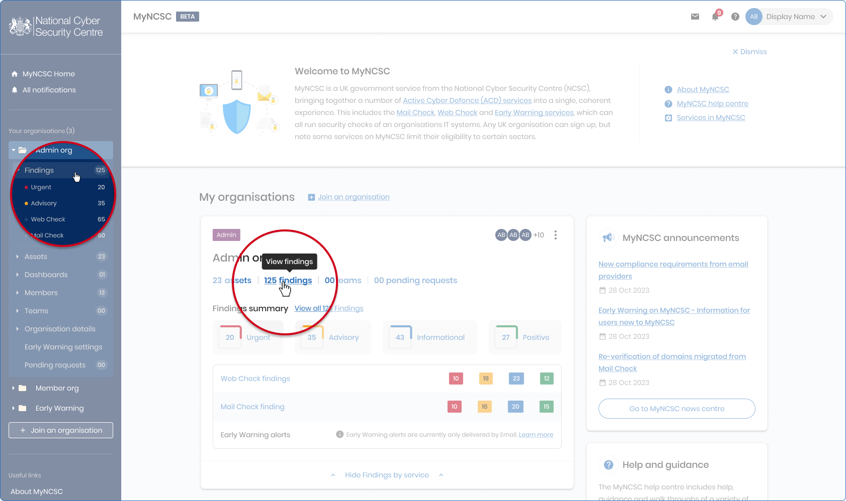 MyNCSC Click Finding Organisation screen
