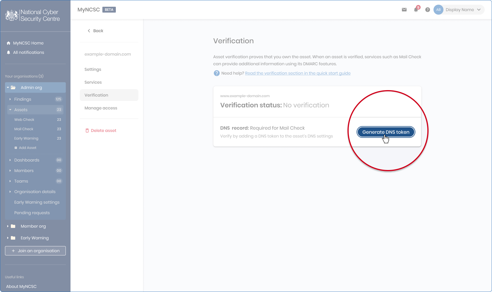 Generate DNS token screen