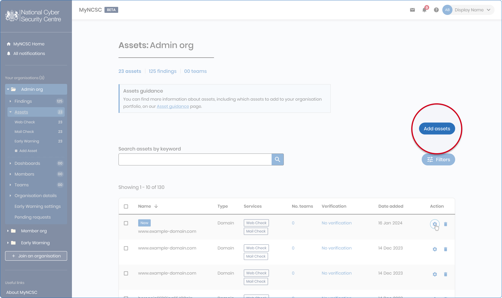 select Add assets screen