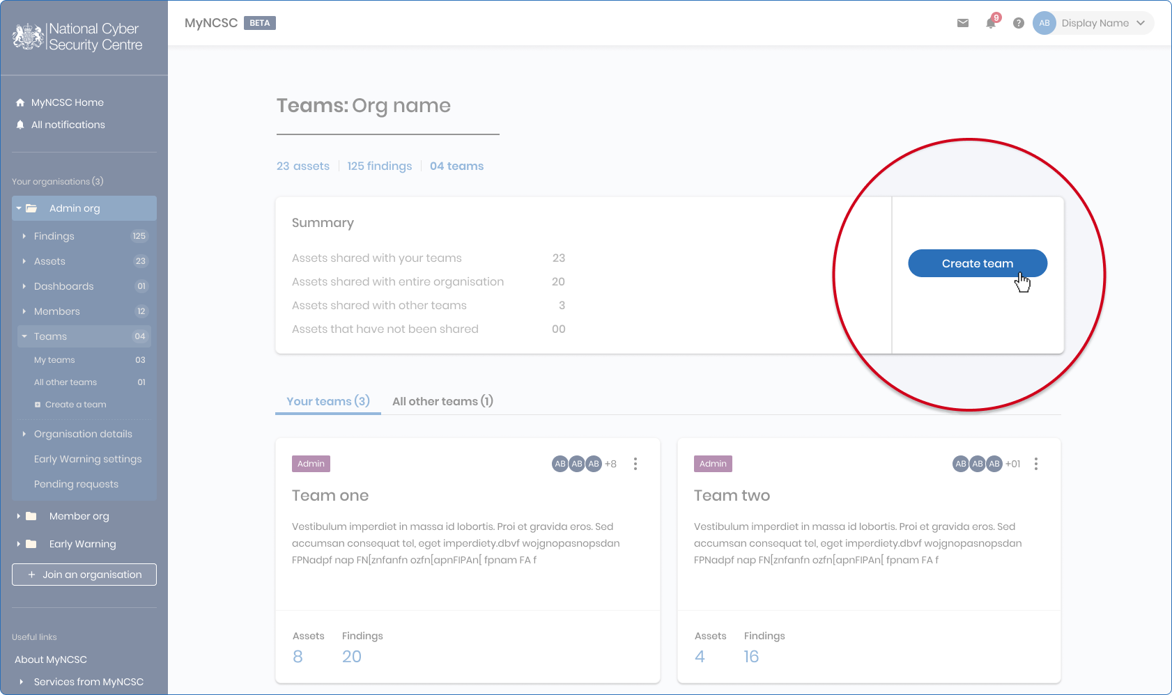 Shows where to chose Create teams