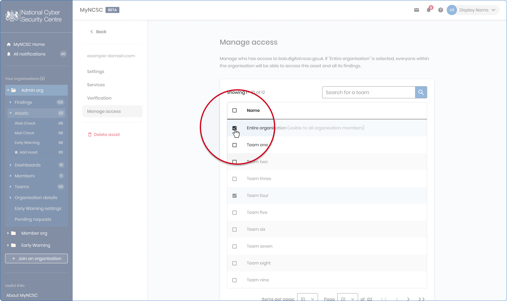 Teams access management screen
