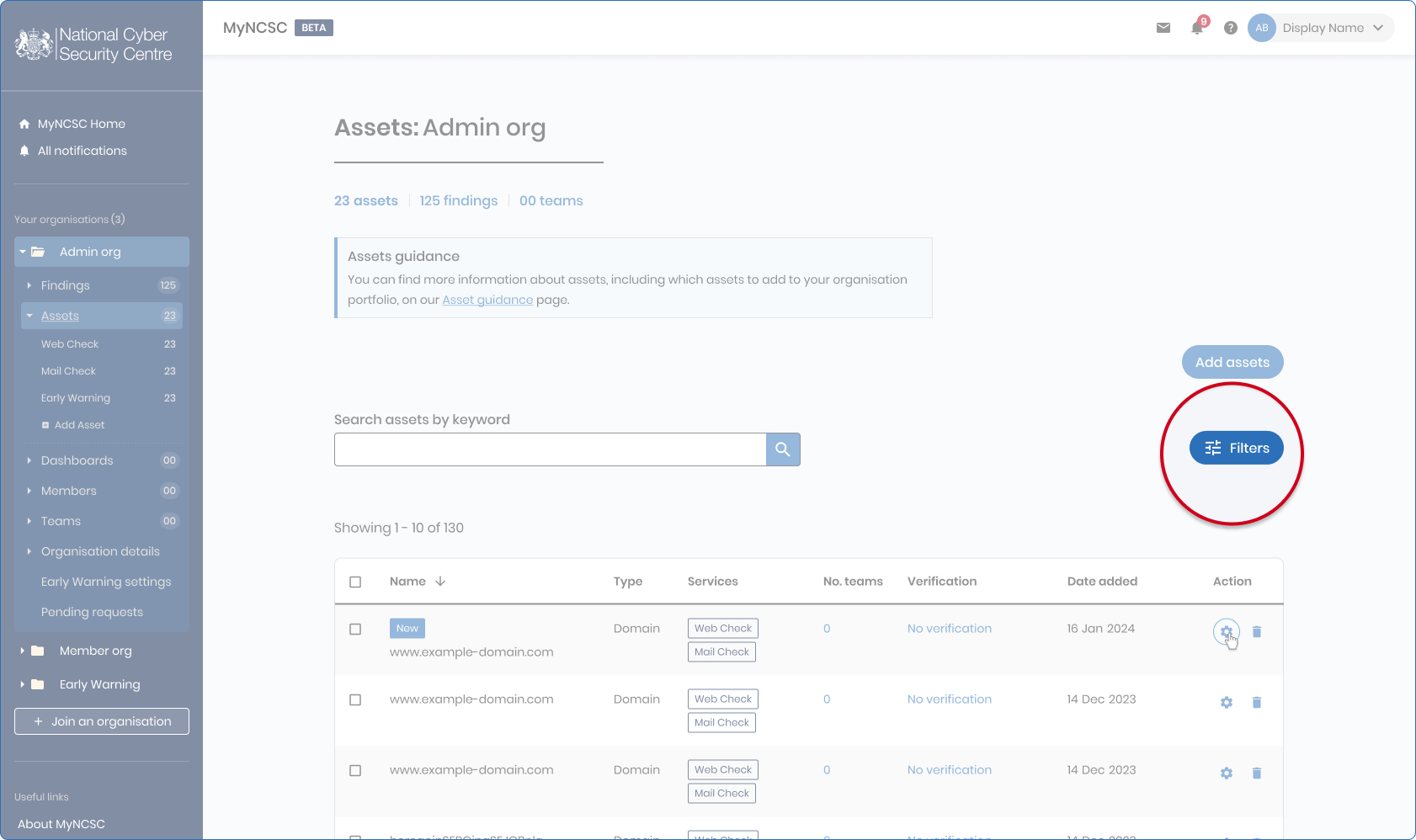 Verify filter assets screen