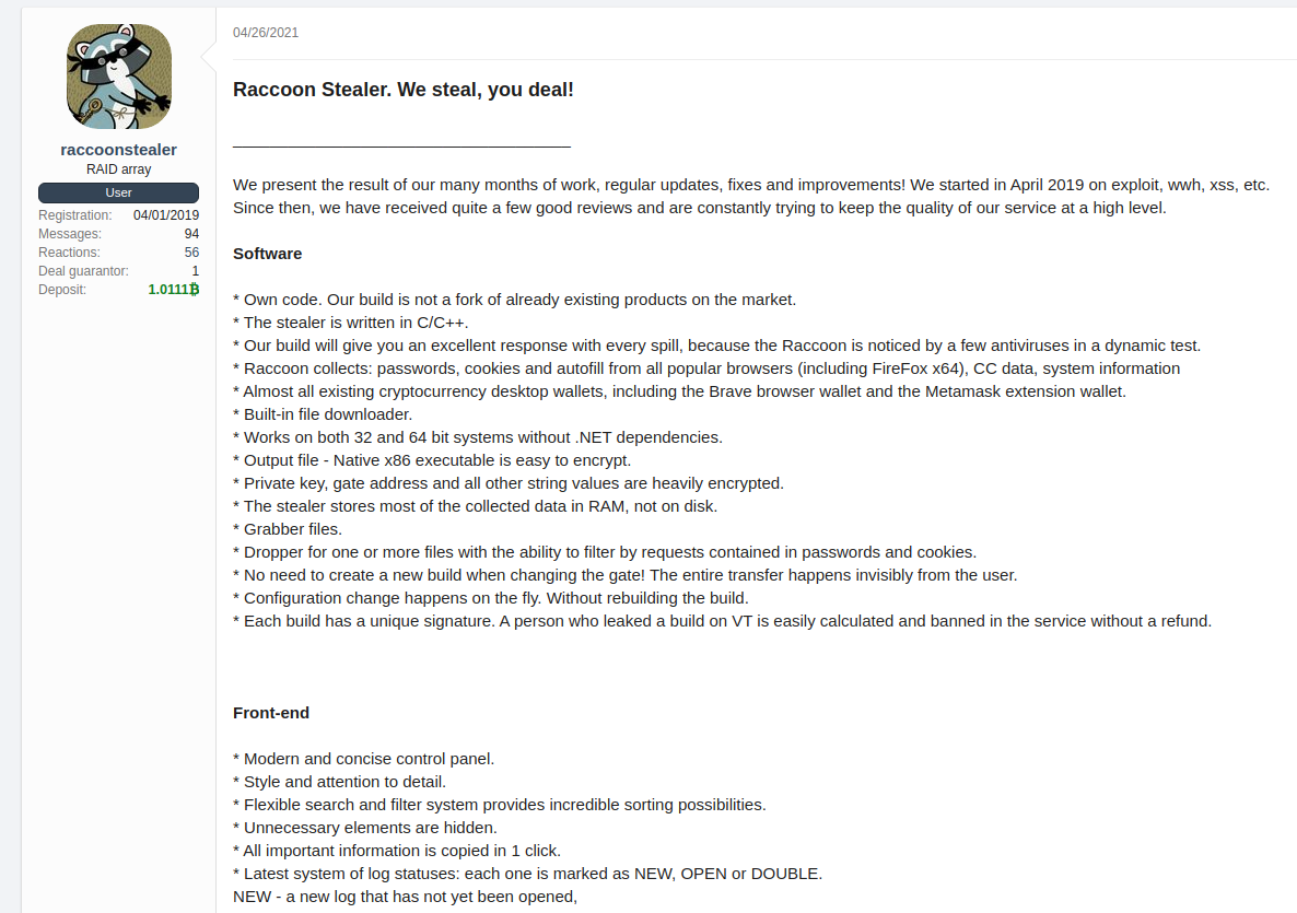 Figure 5. Screenshot of Raccoon Stealer advertisement translated into English