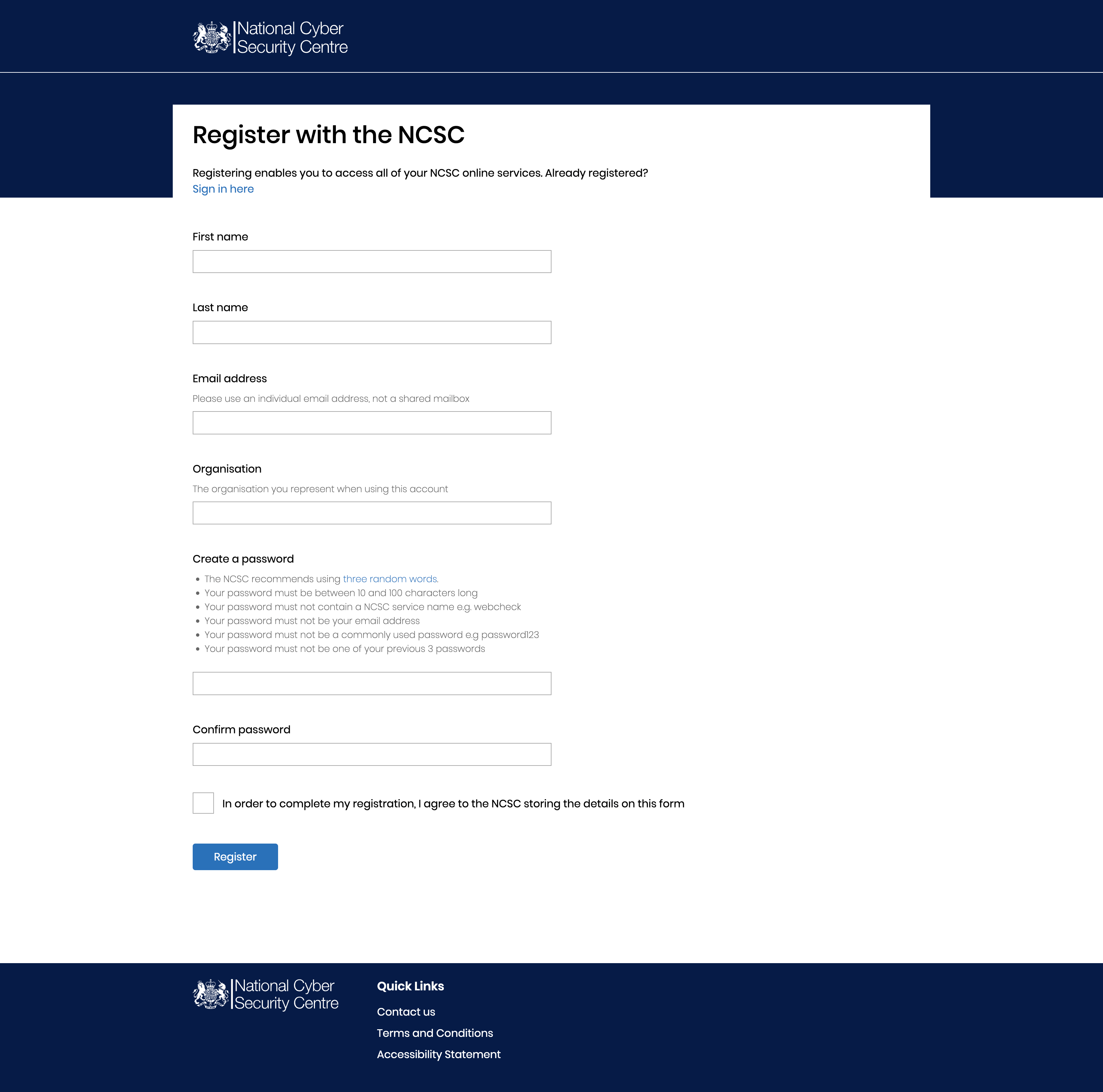 Registration form
