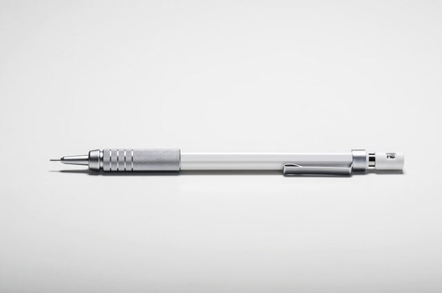 Image of silver mechanical pencil on white background