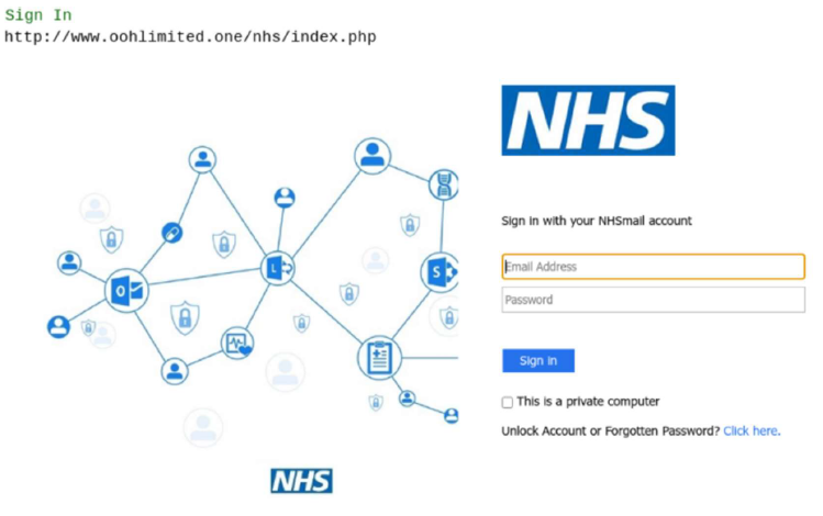 example login screen for a fake NHS branded phishing website