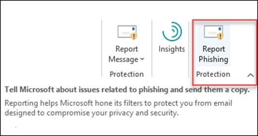 A screenshot that displays an example of Microsoft Outlook application with the 'Report Phishing' button highlighted in the top toolbar.