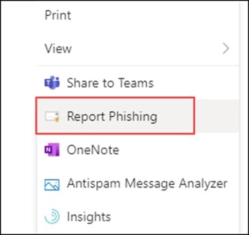 A screenshot that displays an example of Microsoft Outlook web application with the 'Report Phishing' button highlighted in the left toolbar.