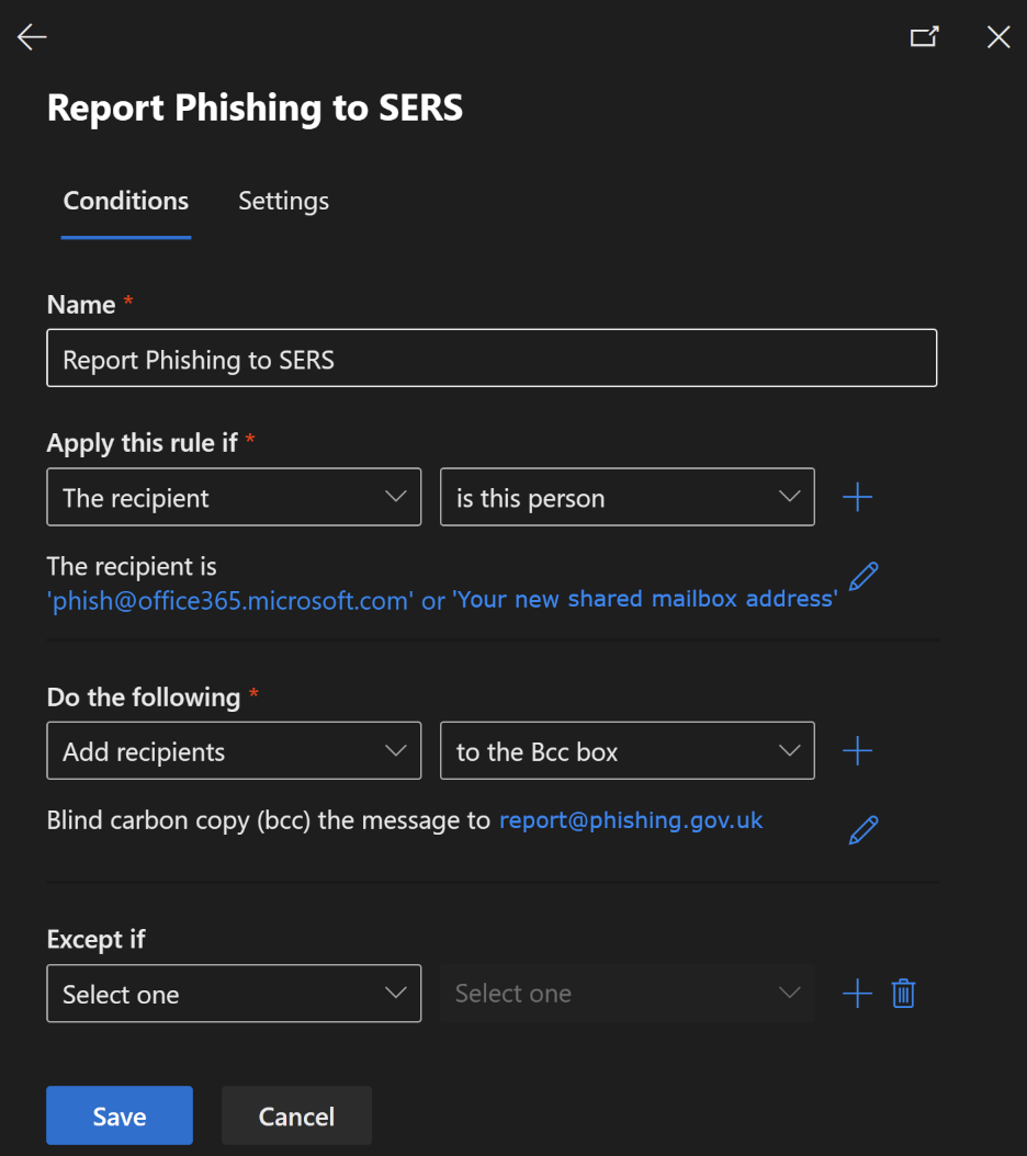 A screenshot that displays an example of creating a new rule for reporting phishing to SER's in the Exchange Admin Centre.