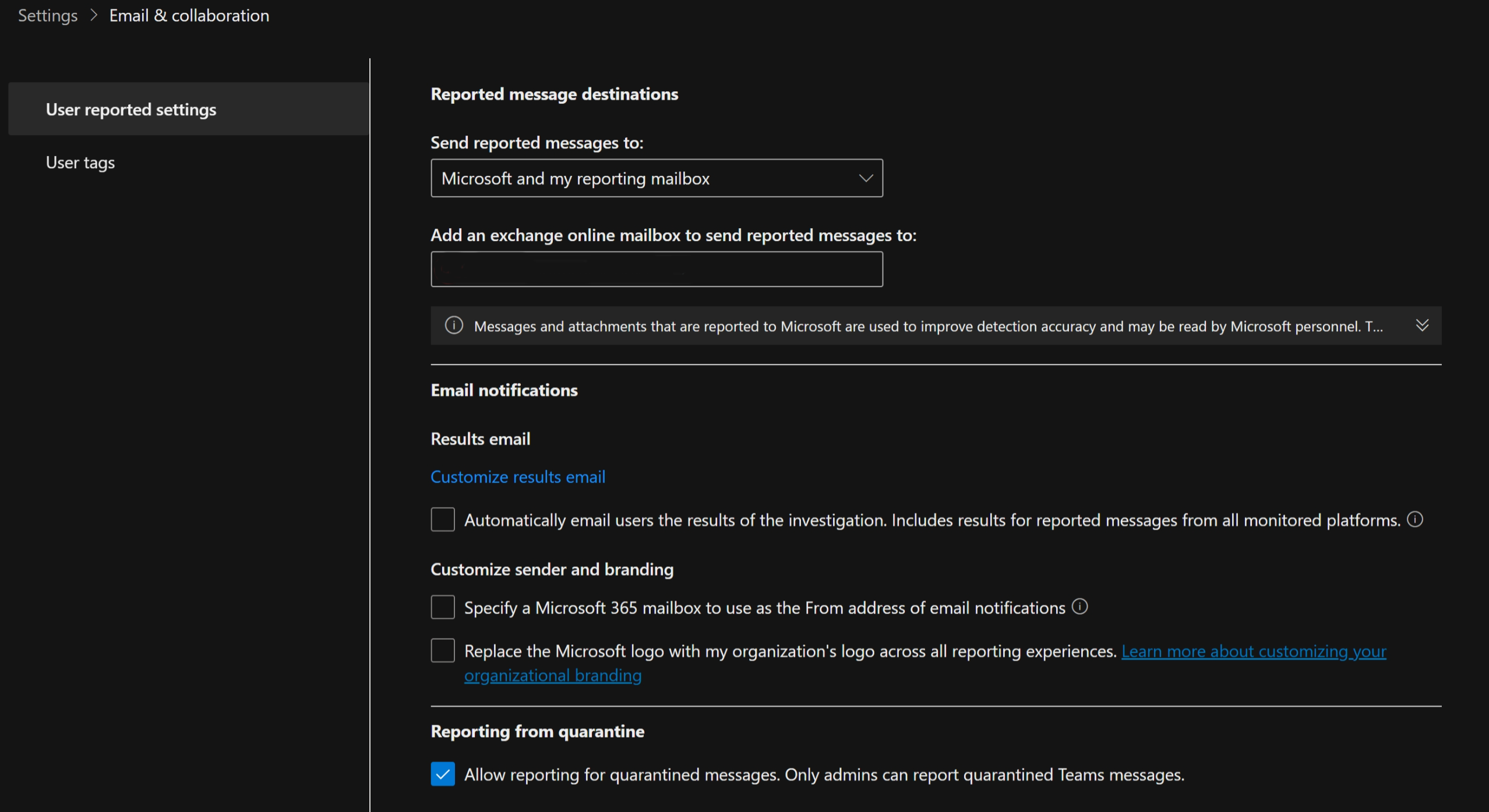 A screenshot showing the 'reported message destinations' section in the reported user settings.