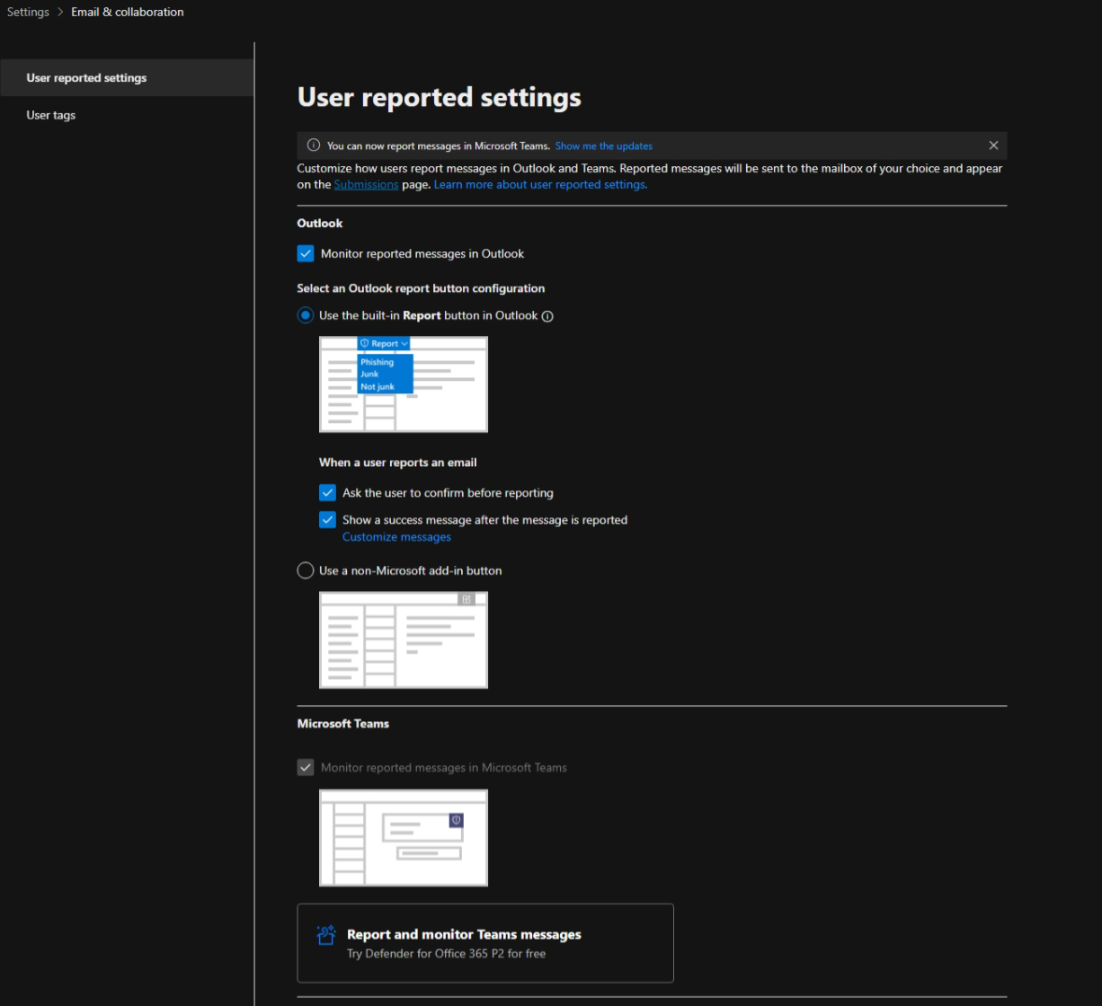 A screenshot showing the 'user reported settings' area of Microsoft Defender. 