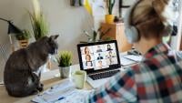 Portrait of modern woman at home teleconferencing with colleagues while cuddling her cat
