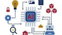 Image showing illustrative AI on a chip board linking out to illustrations of laptops, light bulbs, lock and note pad