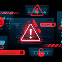 Cyber security breach warning interface with red alert symbols, glitch effects, data graphs, and code on dark tech background. Concept of digital threats. 3D Rendering