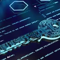 Digital Key Hologram on Futuristic Computer Code. 3D Render