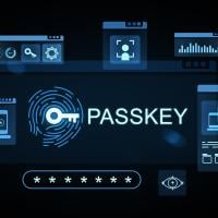 Glowing blue passkey authentication concept with fingerprint hologram, password interface, and digital icons on dark background.