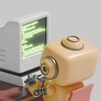 3D rendering of a robot working on a computer coding at a desk