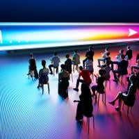 Digital generated image of small group of people sitting on chairs in dark empty space and and being interviewed by large scaled illuminating multi colored AI search bar.