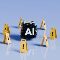 Foldable yellow floor signs with with exclamation marks surrounding an AI symbol
