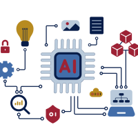 Image showing illustrative AI on a chip board linking out to illustrations of laptops, light bulbs, lock and note pad
