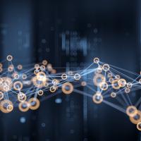 Digital background depicting innovative technologies in (AI) artificial systems, neural interfaces and internet machine learning technologies