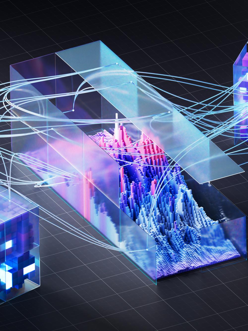 Data flows between servers and a central processing unit, visualizing the intricate network of a complex data processing system analyzing information