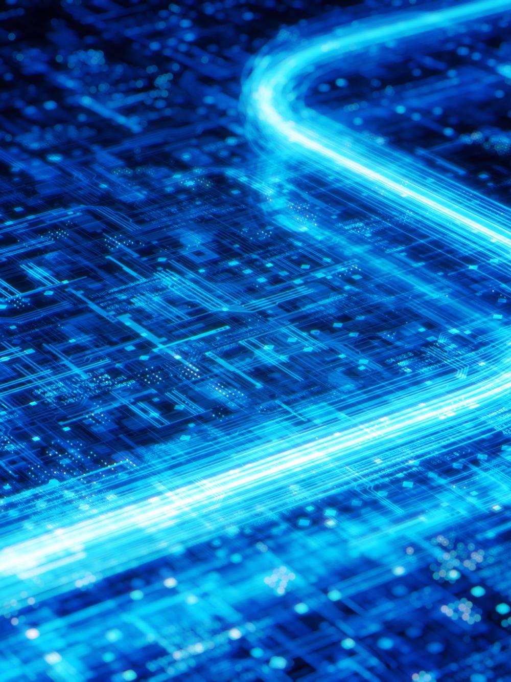 Glowing light blue speed network on a futuristic digital circuit board.