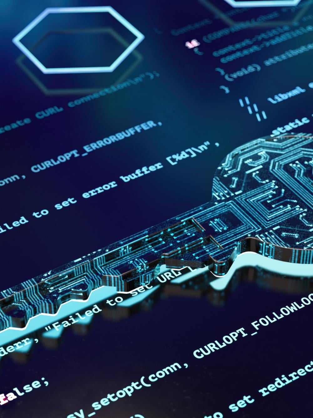 Digital Key Hologram on Futuristic Computer Code. 3D Render