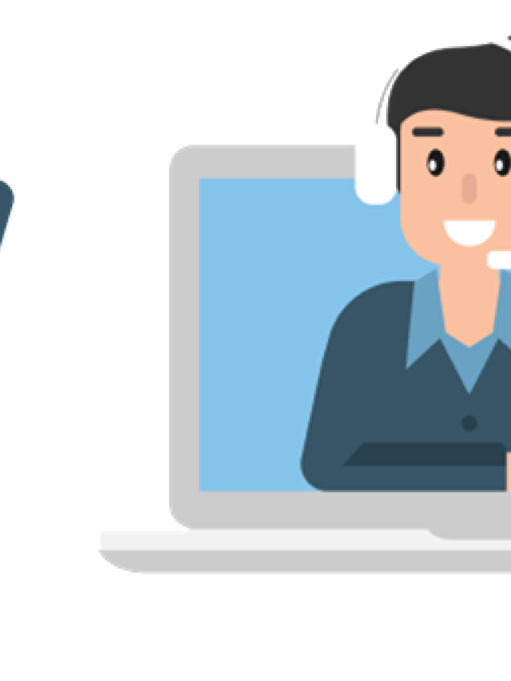 Illustrated image of a cartoon phone and laptop with two people in headsets and speech bubbles