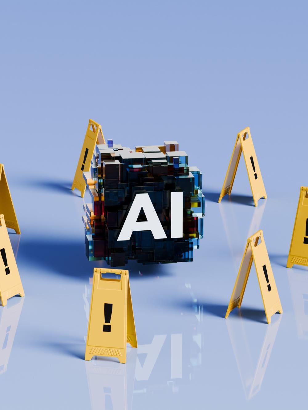 Foldable yellow floor signs with with exclamation marks surrounding an AI symbol