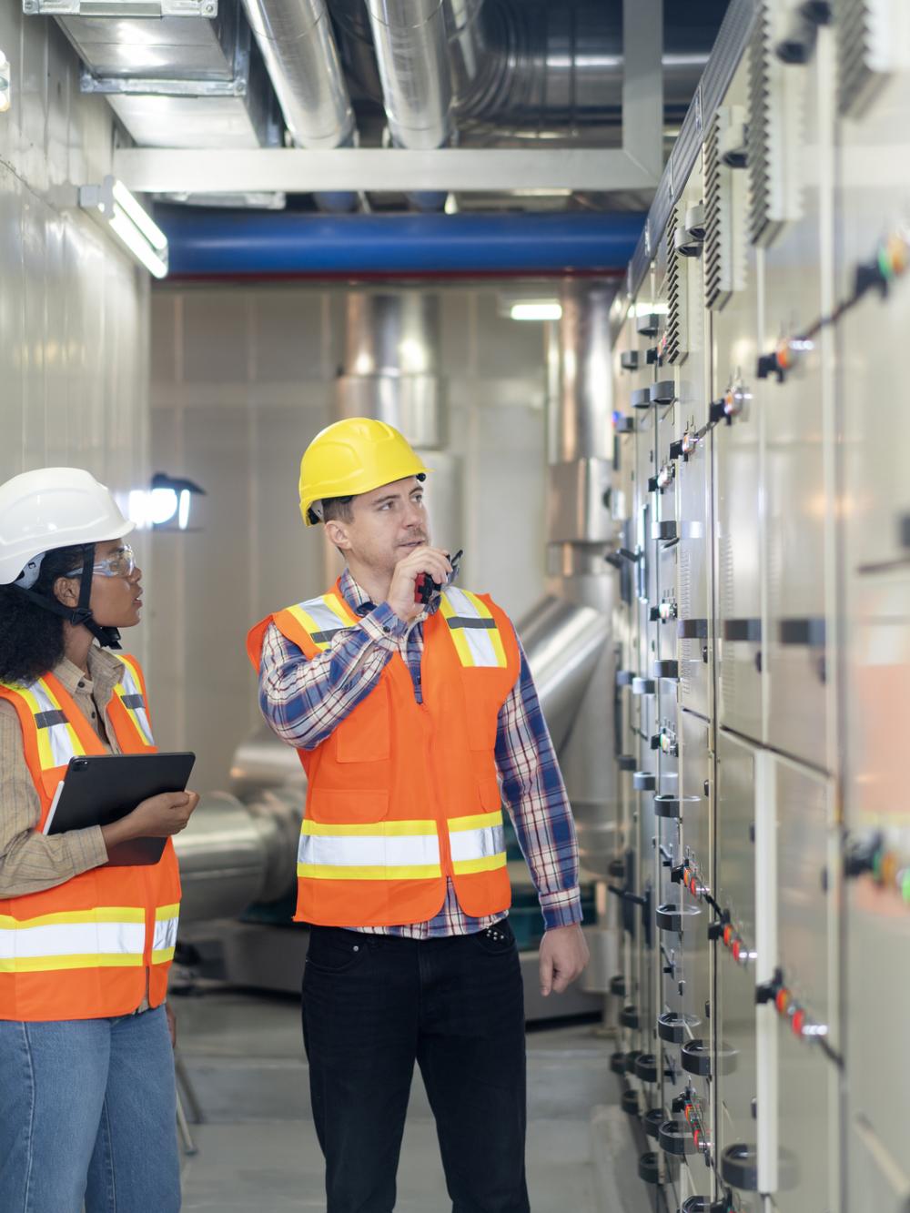 male and female in orange high vis vests and hard hats looking at an electrical unit