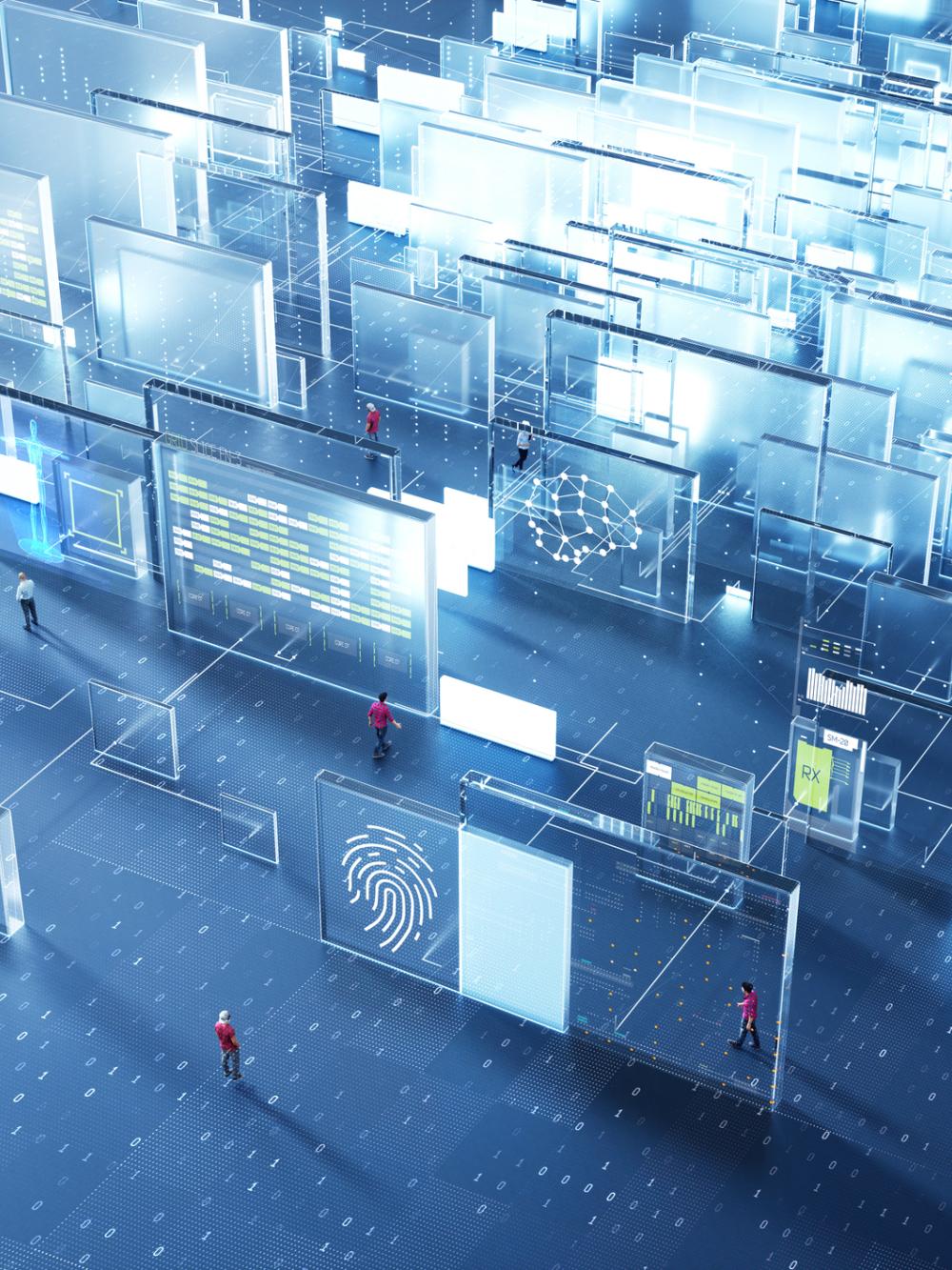 illustration of man infornt of an infinite number of perspex screens