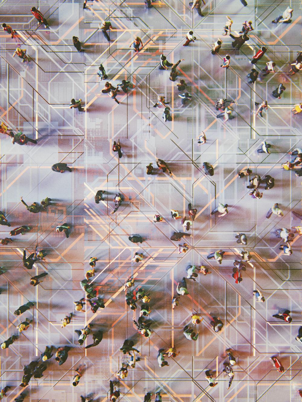 A birds-eye view of people walking on a white floor connected by orange beams of light