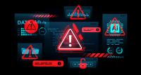 Cyber security breach warning interface with red alert symbols, glitch effects, data graphs, and code on dark tech background. Concept of digital threats. 3D Rendering
