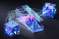 Data flows between servers and a central processing unit, visualizing the intricate network of a complex data processing system analyzing information