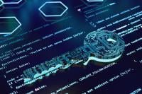 Digital Key Hologram on Futuristic Computer Code. 3D Render