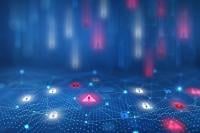 Futuristic digital network background with glowing blue connection points and abstract mesh grid, representing data communication neural networks, and smart technology systems
