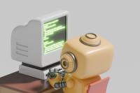 3D rendering of a robot working on a computer coding at a desk