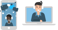 Illustrated image of a cartoon phone and laptop with two people in headsets and speech bubbles