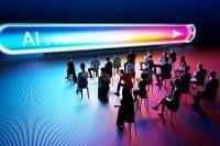 Digital generated image of small group of people sitting on chairs in dark empty space and and being interviewed by large scaled illuminating multi colored AI search bar.