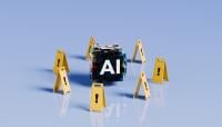 Foldable yellow floor signs with with exclamation marks surrounding an AI symbol