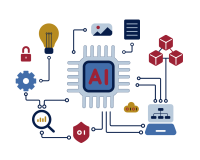 Image showing illustrative AI on a chip board linking out to illustrations of laptops, light bulbs, lock and note pad