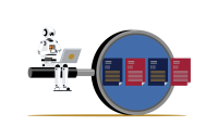 Image showing AI robot sitting on laptop looking at forms through a magnifying glass