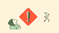 Person illustrated in a warm, cartoon style. Looking up thoughtfully from the bottom left at a hazard symbol.