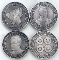 Image of Challenge Coins. Clockwise from top left - Ada Lovelace, Charles Babbage, The Bombe, Alan Turing