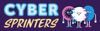 Characters from the CyberSprinters game standing next to the CyberSprinters logo.